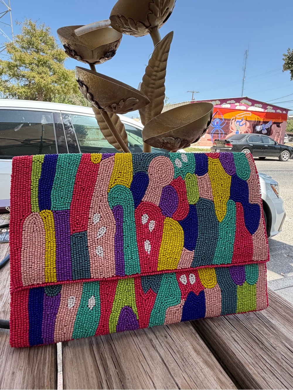 Colorful Abstract Beaded Clutch Crossbody Bag Chain Strap